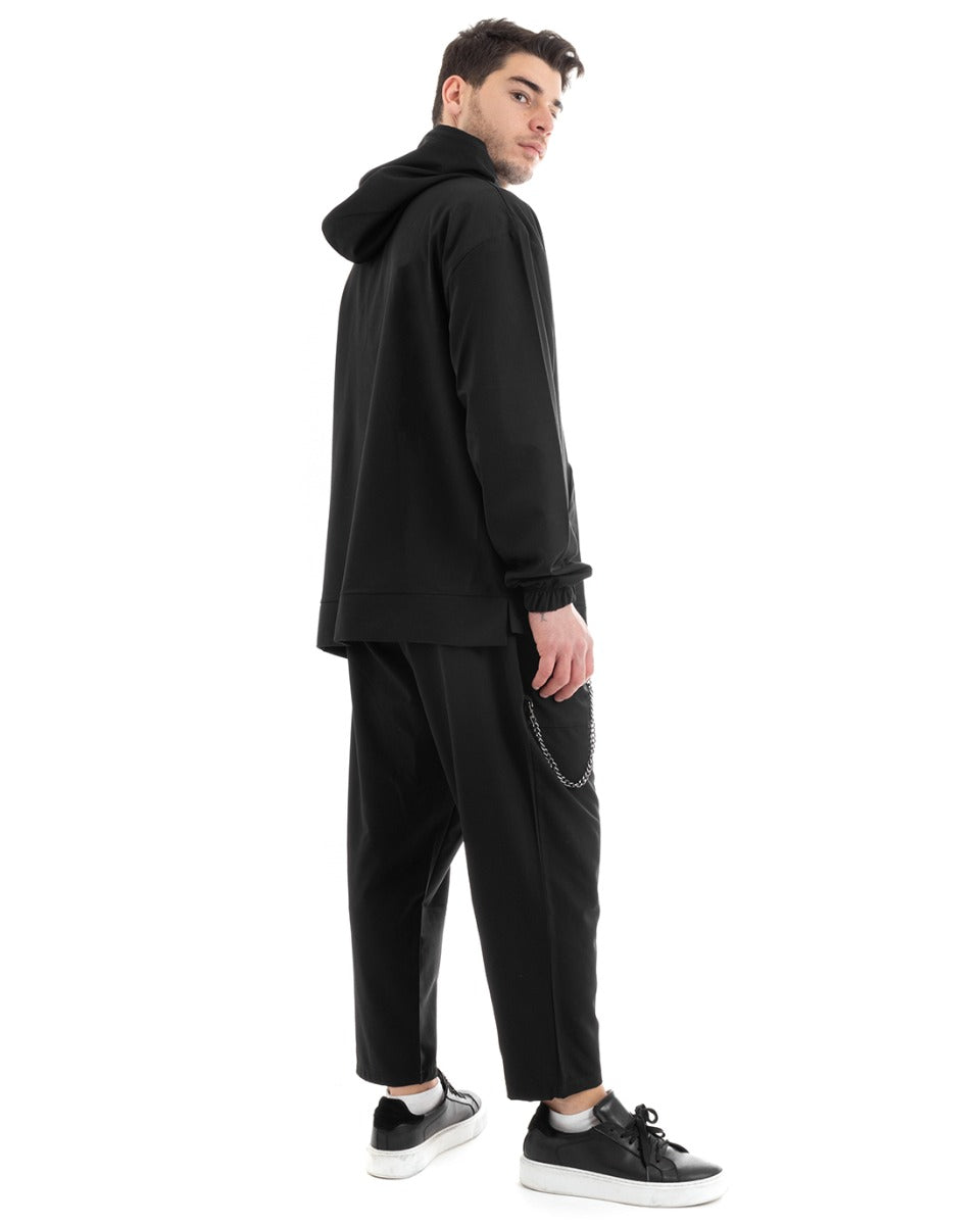 Completo Tuta Uomo Nero Viscosa Relaxed Fit Felpa Con Cappuccio Pantaloni GIOSAL-OU2248A