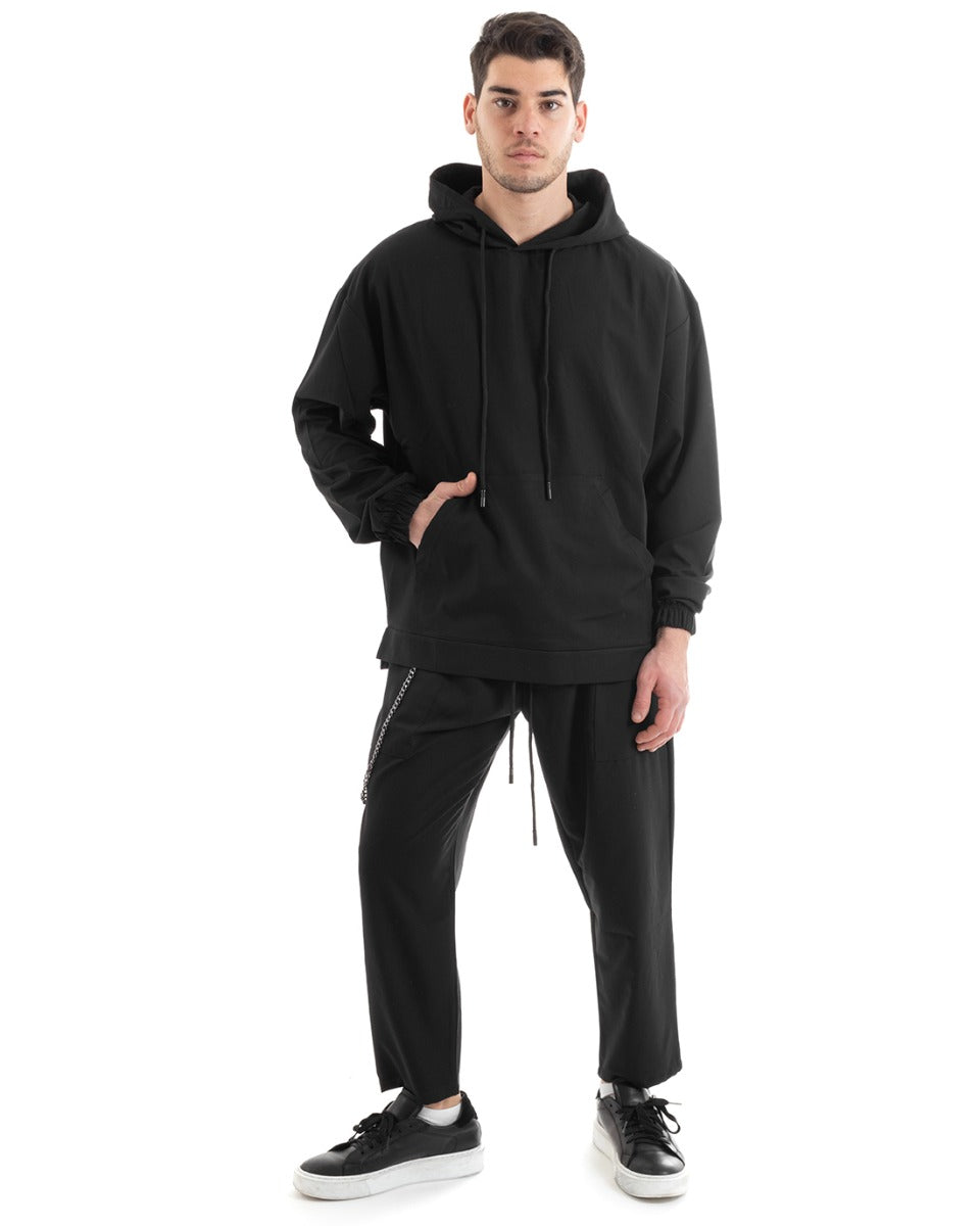 Completo Tuta Uomo Nero Viscosa Relaxed Fit Felpa Con Cappuccio Pantaloni GIOSAL-OU2248A