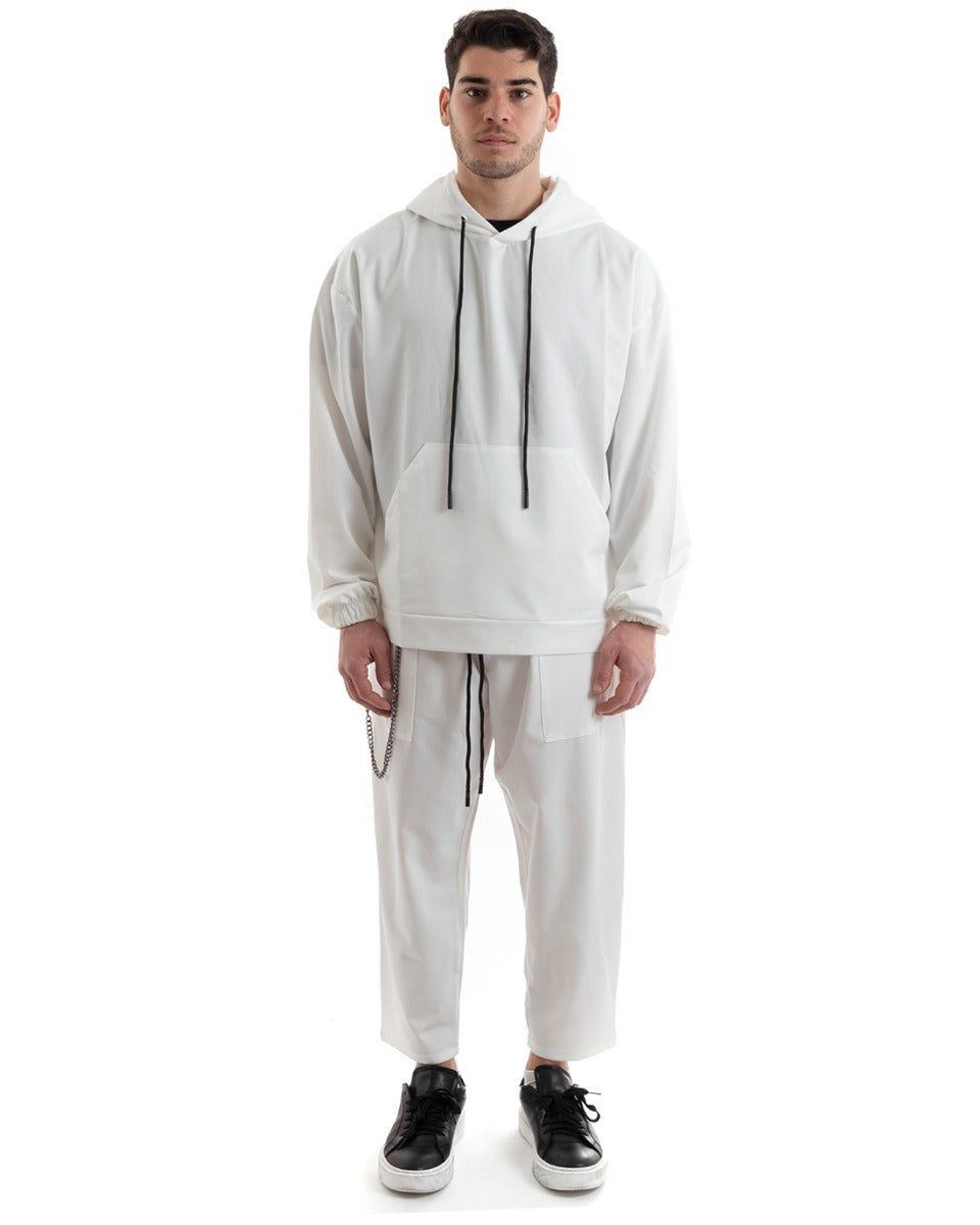 Completo Tuta Uomo Bianco Viscosa Relaxed Fit Felpa Con Cappuccio Pantaloni GIOSAL-OU2249A