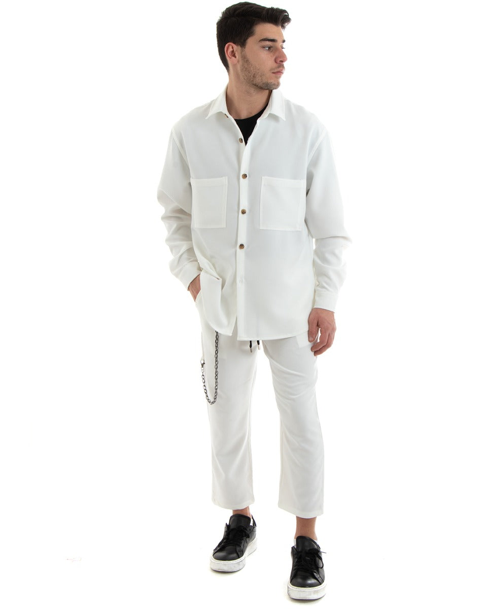 Completo Set Coordinato Uomo Viscosa Camicia Con Colletto Pantaloni Outfit Bianco GIOSAL-OU2254A