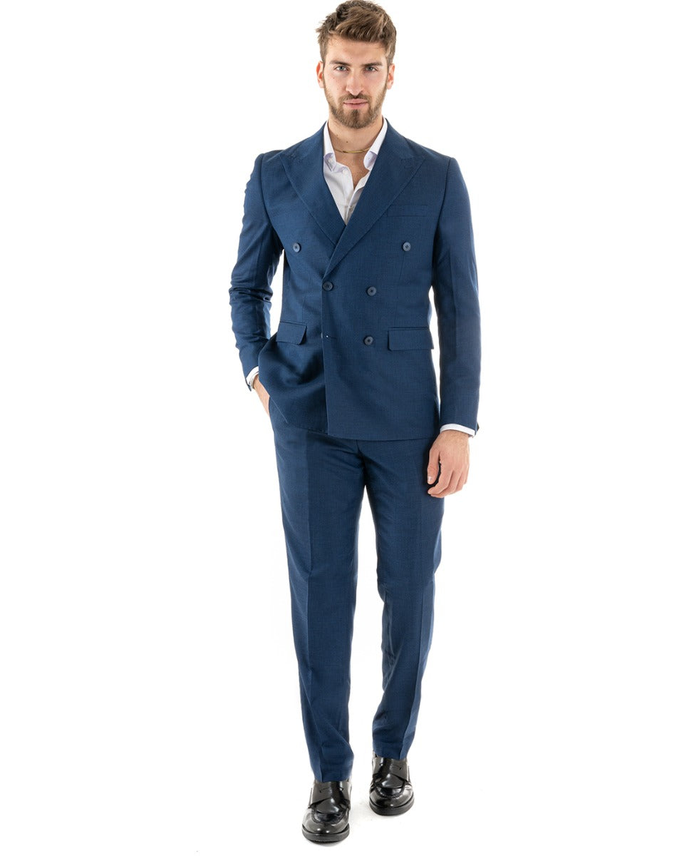 Abito Uomo Doppiopetto Vestito Viscosa Completo Giacca Pantaloni Elegante Cerimonia Blu Melangiato GIOSAL-OU2257A