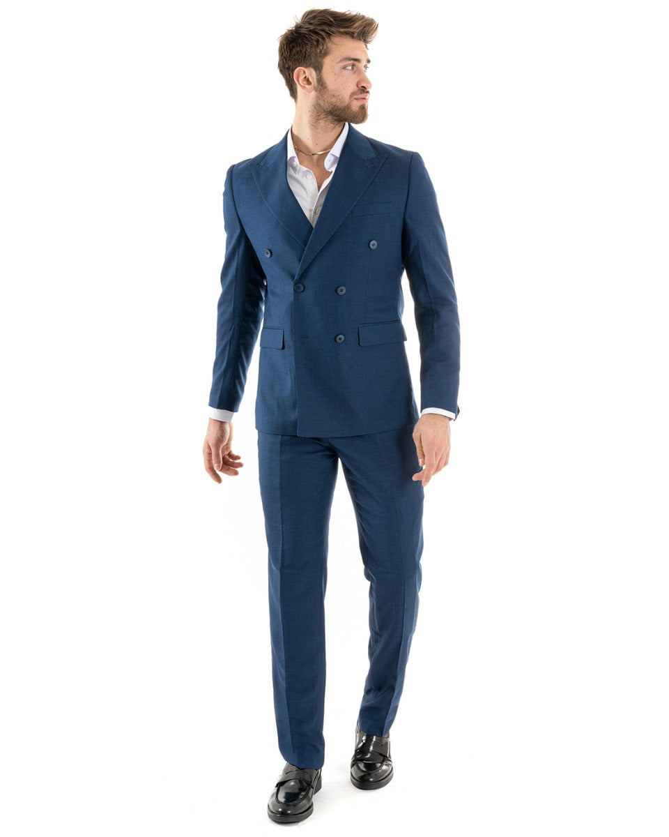 Abito Uomo Doppiopetto Vestito Viscosa Completo Giacca Pantaloni Blu Melangiato OU2257A