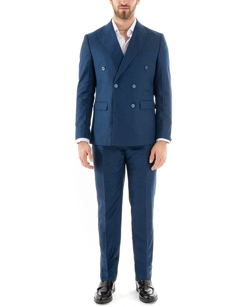 Abito Uomo Doppiopetto Vestito Viscosa Completo Giacca Pantaloni Blu Melangiato OU2257A