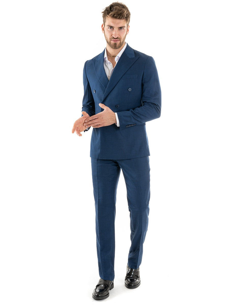 Abito Uomo Doppiopetto Vestito Viscosa Completo Giacca Pantaloni Elegante Cerimonia Blu Melangiato GIOSAL-OU2257A