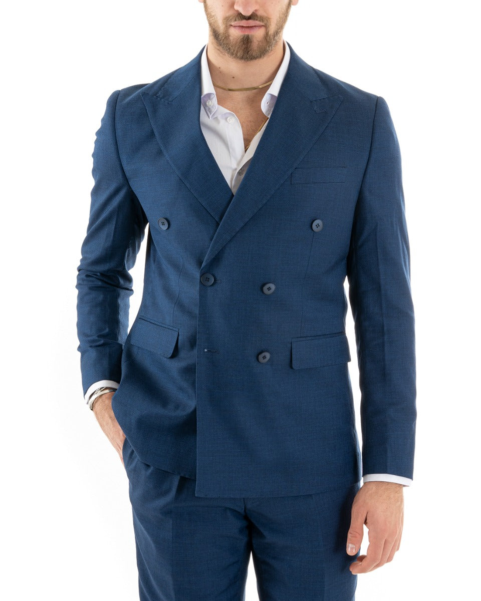 Abito Uomo Doppiopetto Vestito Viscosa Completo Giacca Pantaloni Blu Melangiato OU2257A