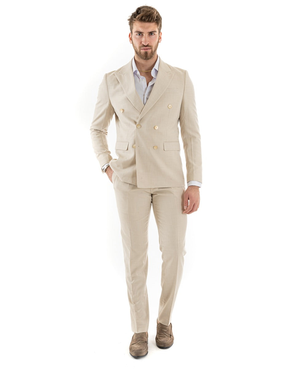 Abito Uomo Doppiopetto Vestito Viscosa Completo Giacca Pantaloni Elegante Cerimonia Beige Melangiato GIOSAL-OU2258A