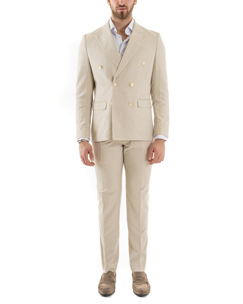 Abito Uomo Doppiopetto Vestito Viscosa Completo Giacca Pantaloni Beige Melangiato OU2258A