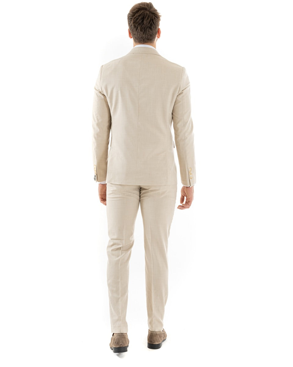 Abito Uomo Doppiopetto Vestito Viscosa Completo Giacca Pantaloni Beige Melangiato OU2258A