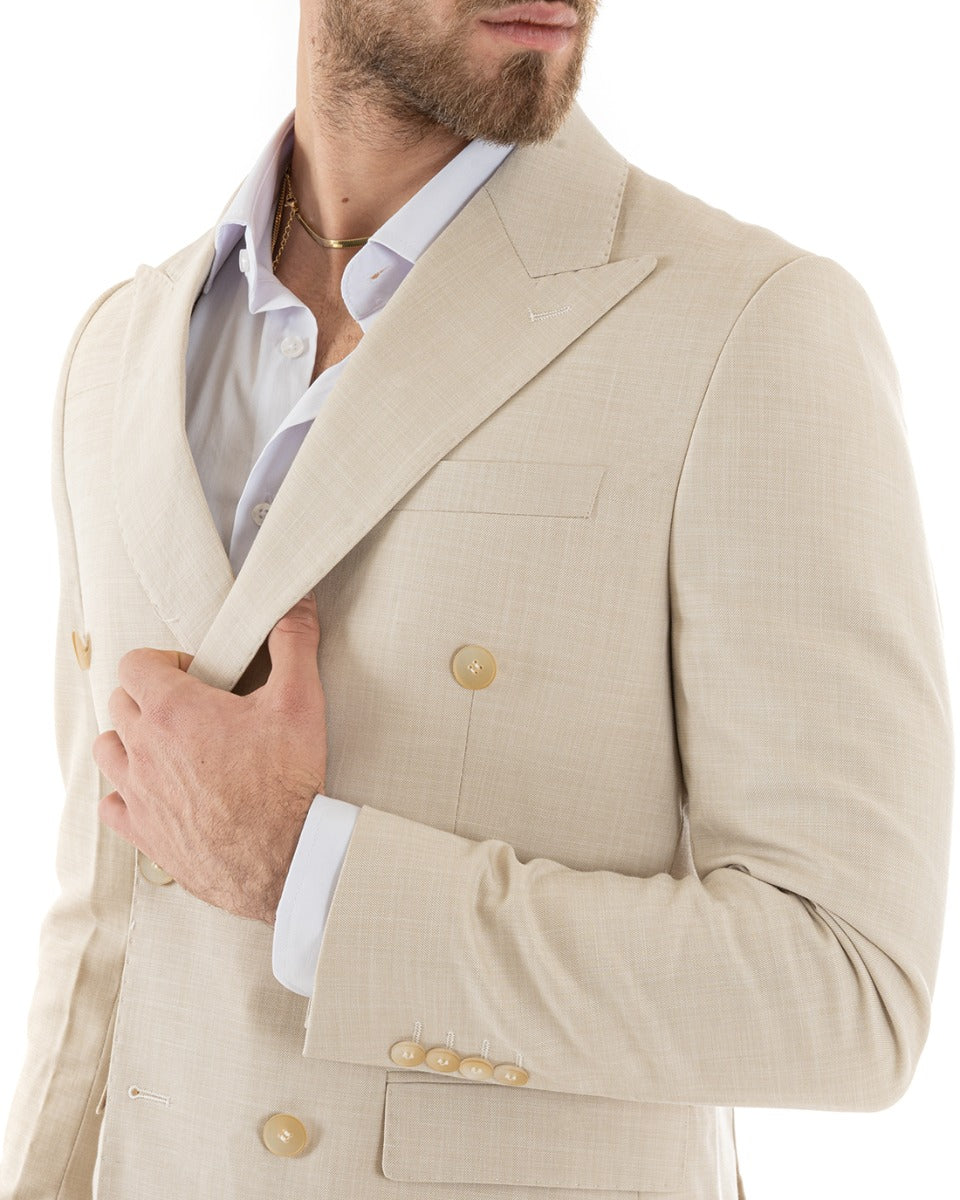 Abito Uomo Doppiopetto Vestito Viscosa Completo Giacca Pantaloni Elegante Cerimonia Beige Melangiato GIOSAL-OU2258A