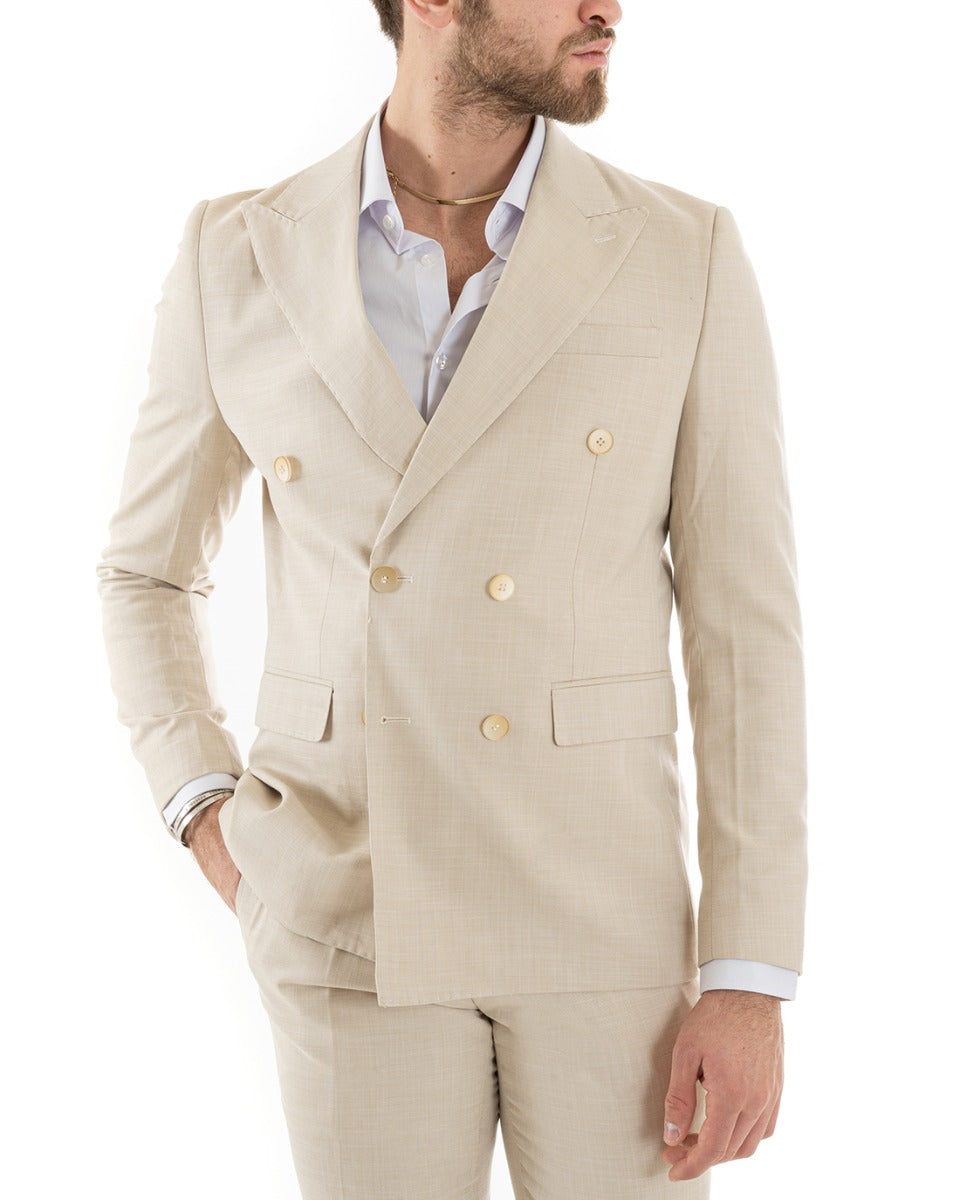 Abito Uomo Doppiopetto Vestito Viscosa Completo Giacca Pantaloni Beige Melangiato OU2258A