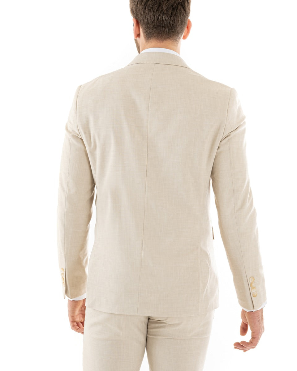 Abito Uomo Doppiopetto Vestito Viscosa Completo Giacca Pantaloni Beige Melangiato OU2258A