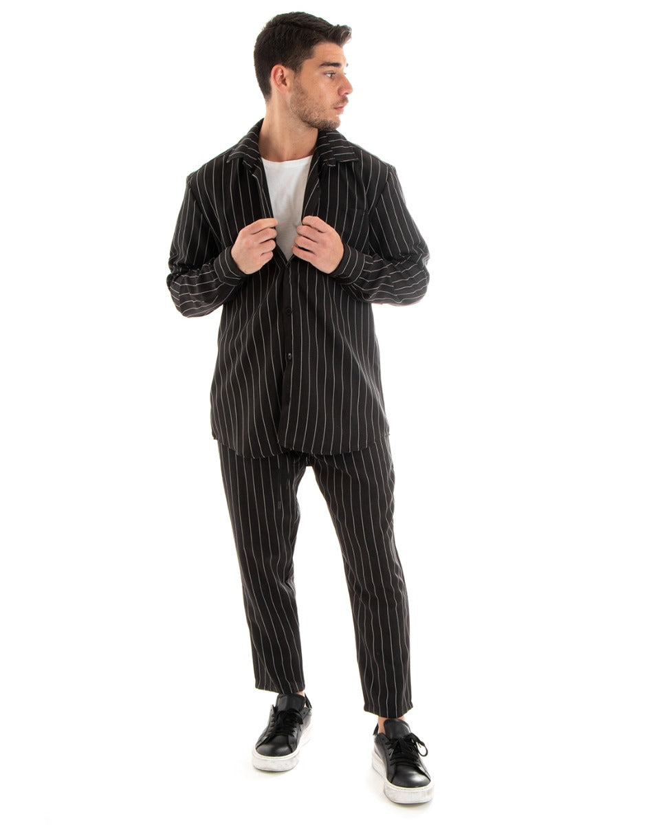 Completo Set Coordinato Uomo Viscosa Camicia Con Colletto Pantaloni Outfit Rigato Gessato Nero GIOSAL-OU2267A