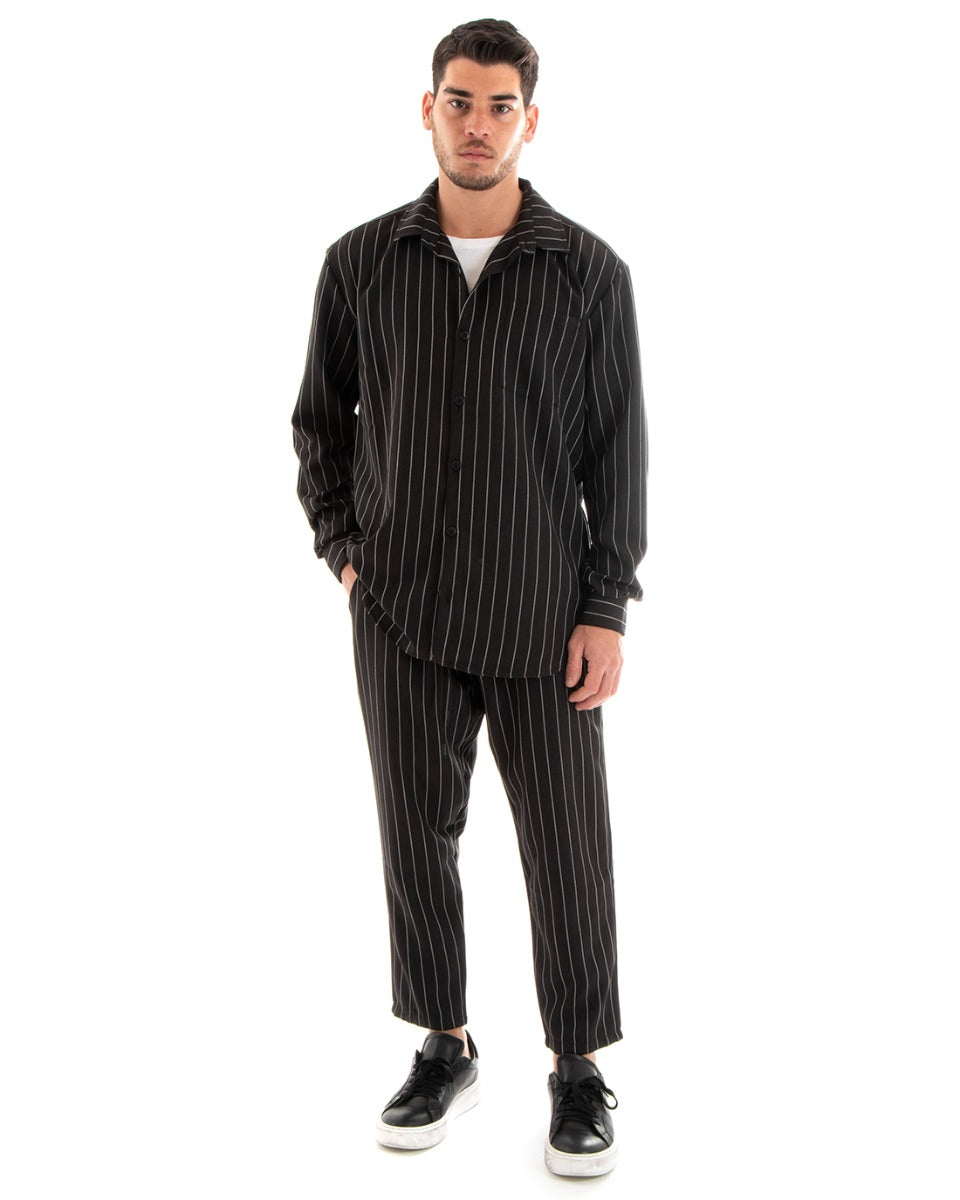 Completo Set Coordinato Uomo Viscosa Camicia Con Colletto Pantaloni Outfit Rigato Gessato Nero GIOSAL-OU2267A