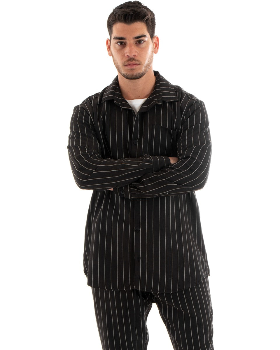 Completo Set Coordinato Uomo Viscosa Camicia Con Colletto Pantaloni Outfit Rigato Gessato Nero GIOSAL-OU2267A