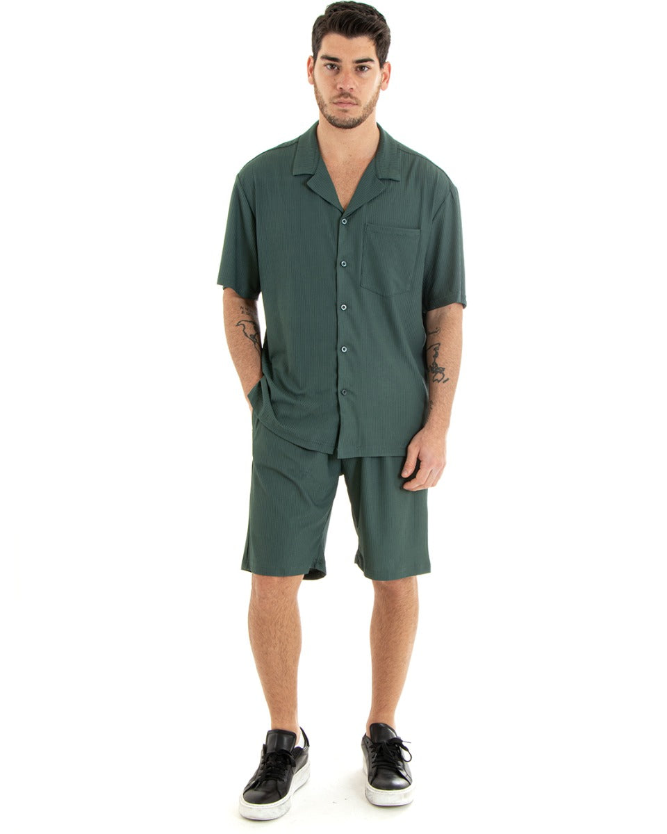 Completo Set Coordinato Uomo Viscosa Plissé Camicia Con Colletto Bermuda Outfit Verde GIOSAL-OU2282A