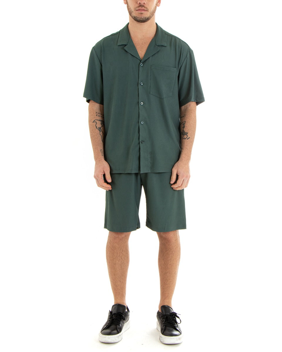 Completo Set Coordinato Uomo Viscosa Plissé Camicia Con Colletto Bermuda Outfit Verde GIOSAL-OU2282A