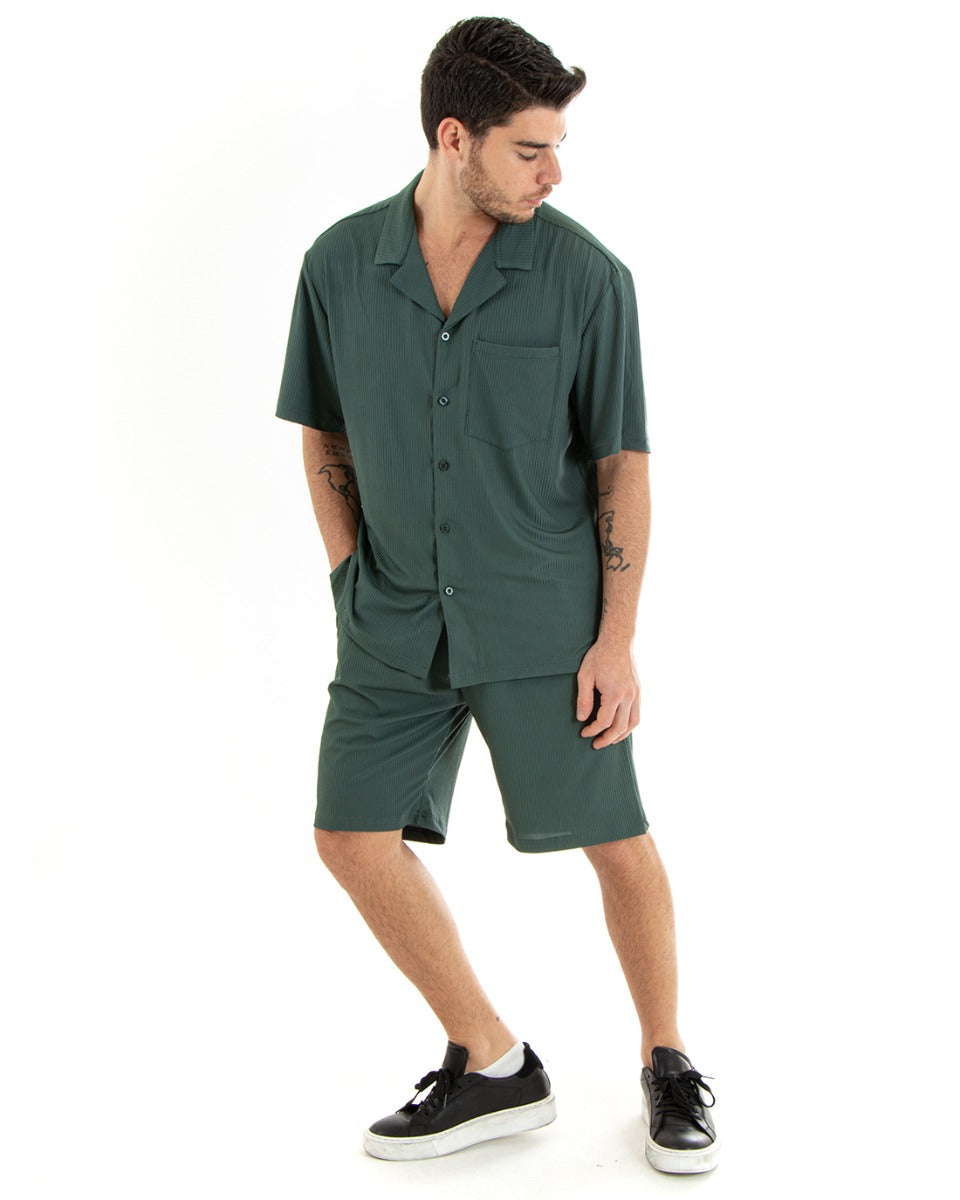 Completo Set Coordinato Uomo Viscosa Plissé Camicia Con Colletto Bermuda Outfit Verde GIOSAL-OU2282A