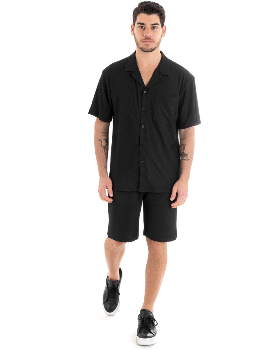 Completo Set Coordinato Uomo Viscosa Plissé Camicia Con Colletto Bermuda Outfit Nero GIOSAL-OU2283A