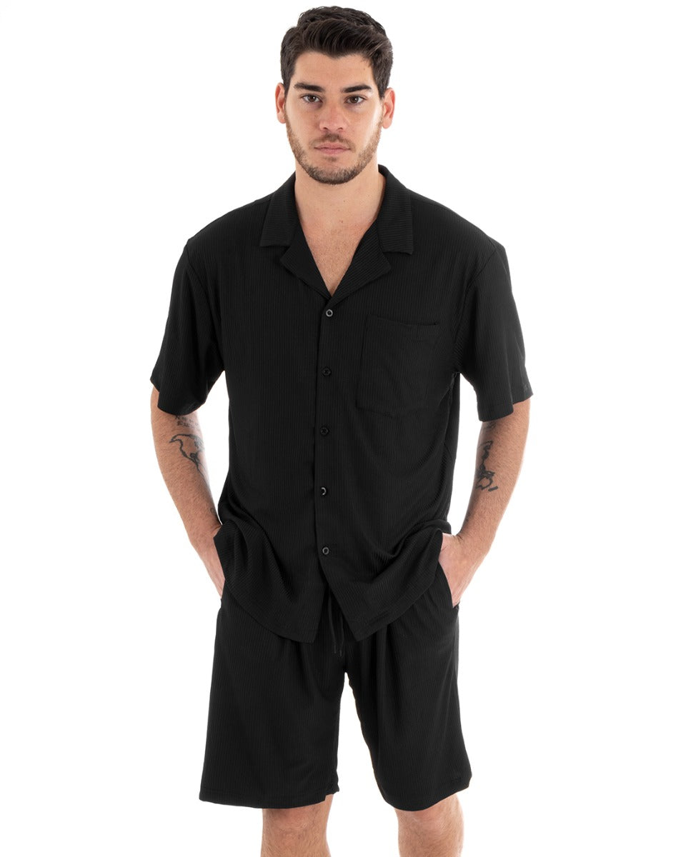 Completo Set Coordinato Uomo Viscosa Plissé Camicia Con Colletto Bermuda Outfit Nero GIOSAL-OU2283A