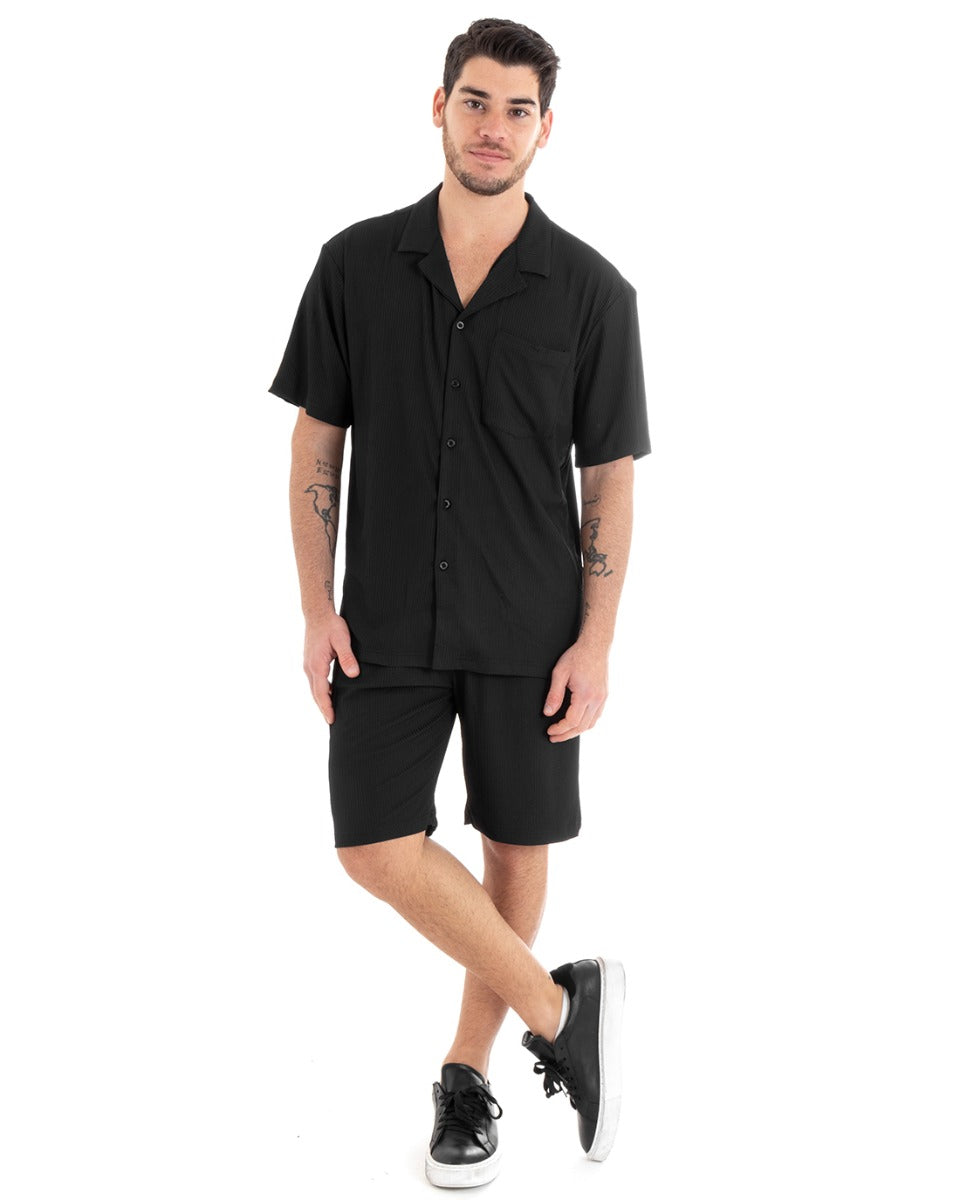 Completo Set Coordinato Uomo Viscosa Plissé Camicia Con Colletto Bermuda Outfit Nero GIOSAL-OU2283A