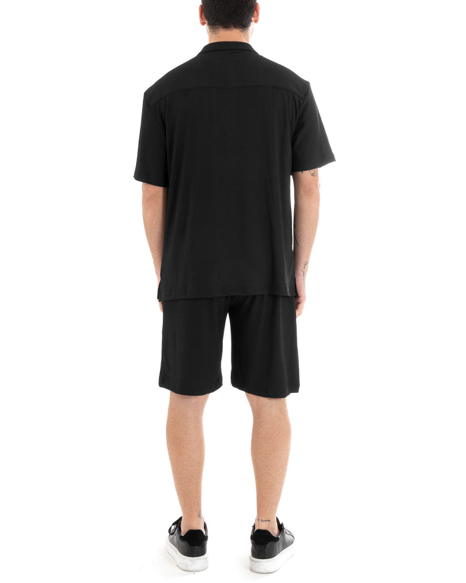 Completo Set Coordinato Uomo Viscosa Plissé Camicia Con Colletto Bermuda Outfit Nero GIOSAL-OU2283A