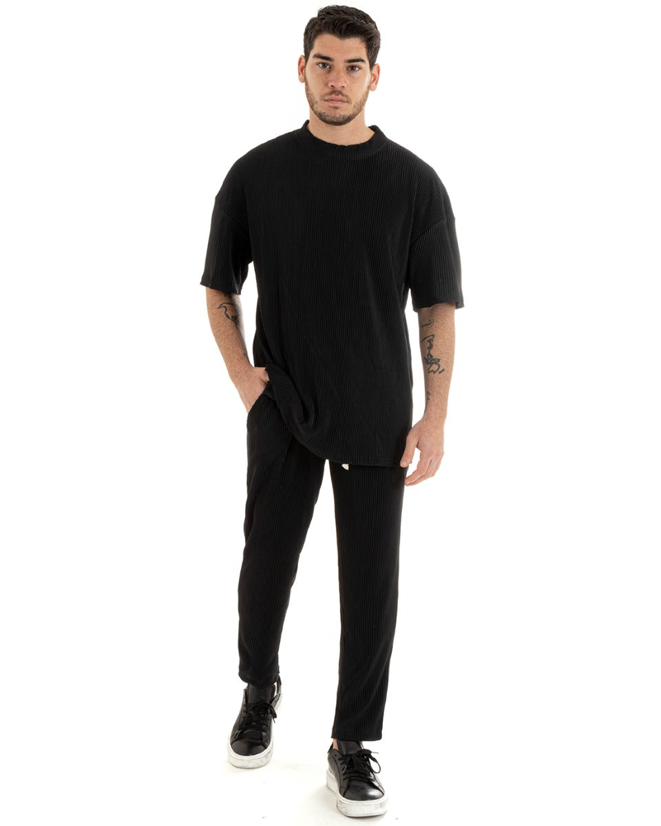 Completo Set Coordinato Uomo Viscosa Plissè T-Shirt Pantaloni Outfit Nero GIOSAL-OU2285A