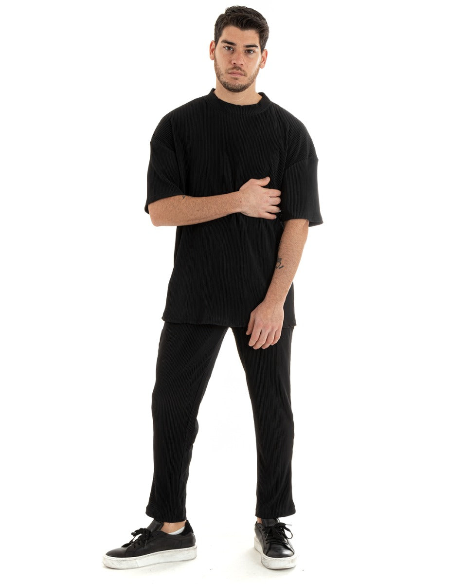Completo Set Coordinato Uomo Viscosa Plissè T-Shirt Pantaloni Outfit Nero GIOSAL-OU2285A