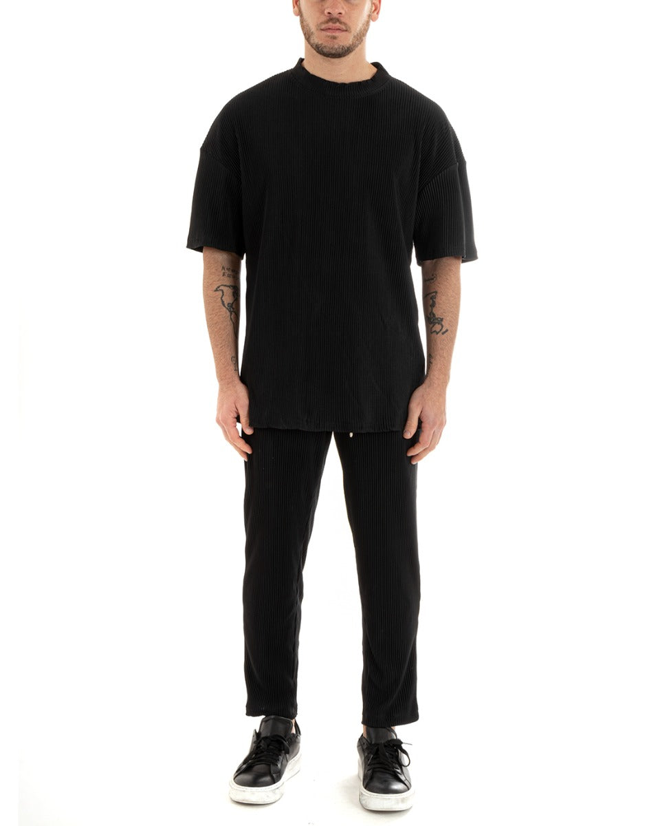 Completo Set Coordinato Uomo Viscosa Plissè T-Shirt Pantaloni Outfit Nero GIOSAL-OU2285A