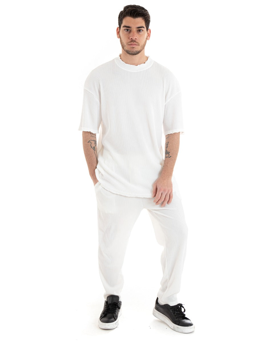 Completo Set Coordinato Uomo Viscosa Plissè T-Shirt Pantaloni Outfit Bianco GIOSAL-OU2286A