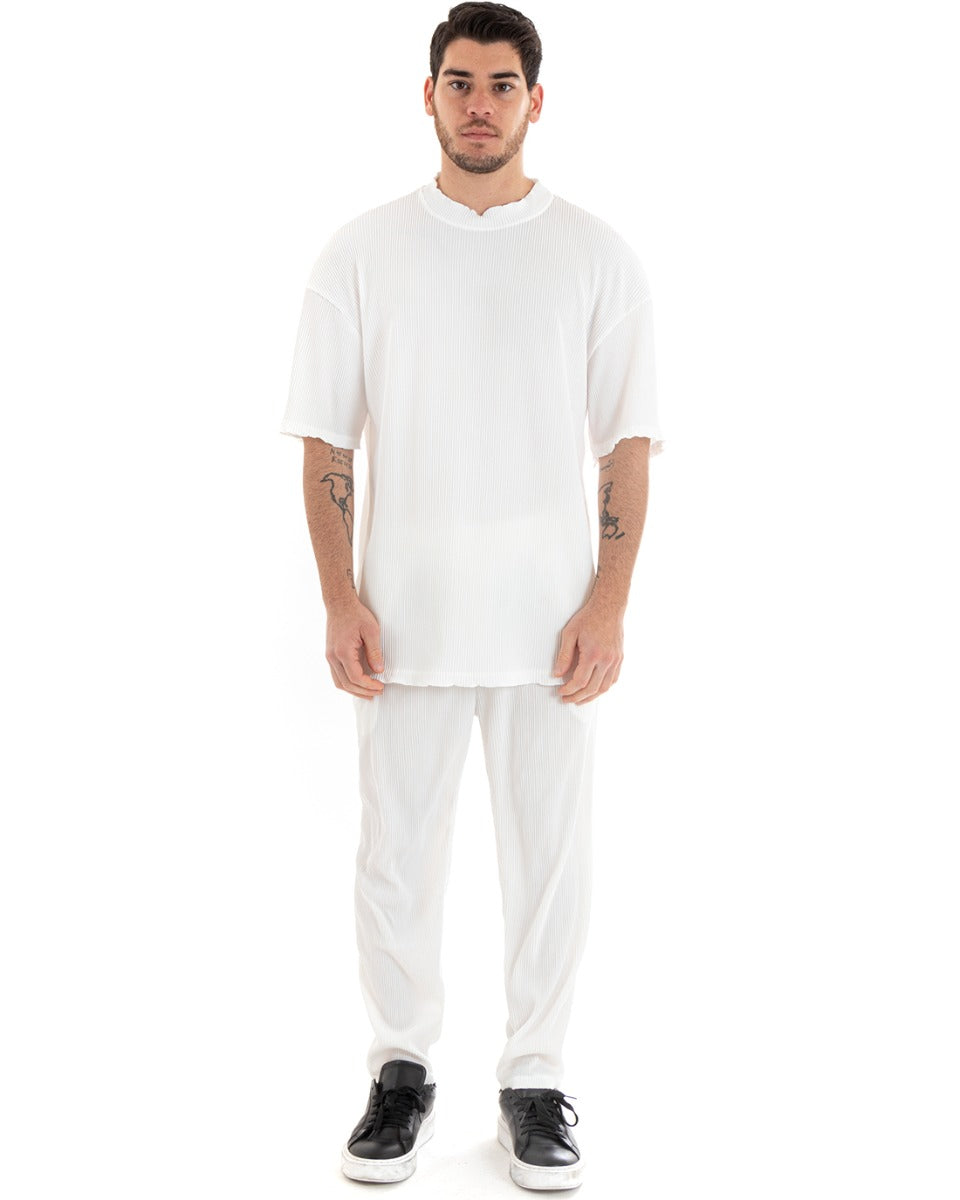 Completo Set Coordinato Uomo Viscosa Plissè T-Shirt Pantaloni Outfit Bianco GIOSAL-OU2286A