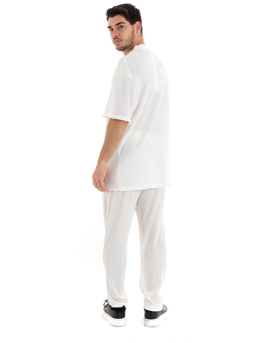 Completo Set Coordinato Uomo Viscosa Plissè T-Shirt Pantaloni Outfit Bianco GIOSAL-OU2286A