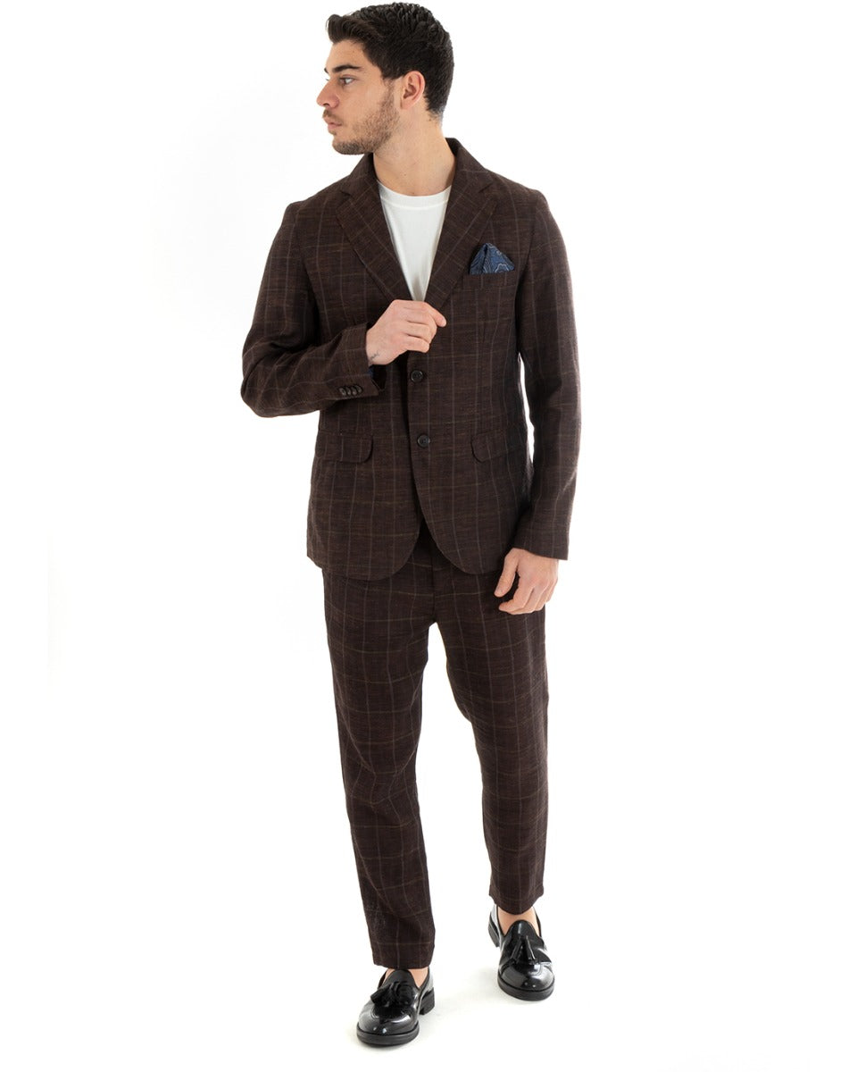 Abito Uomo Monopetto Completo Lino Marrone A Quadri Sartoriale Giacca Pantaloni Elegante Casual GIOSAL-OU2291A