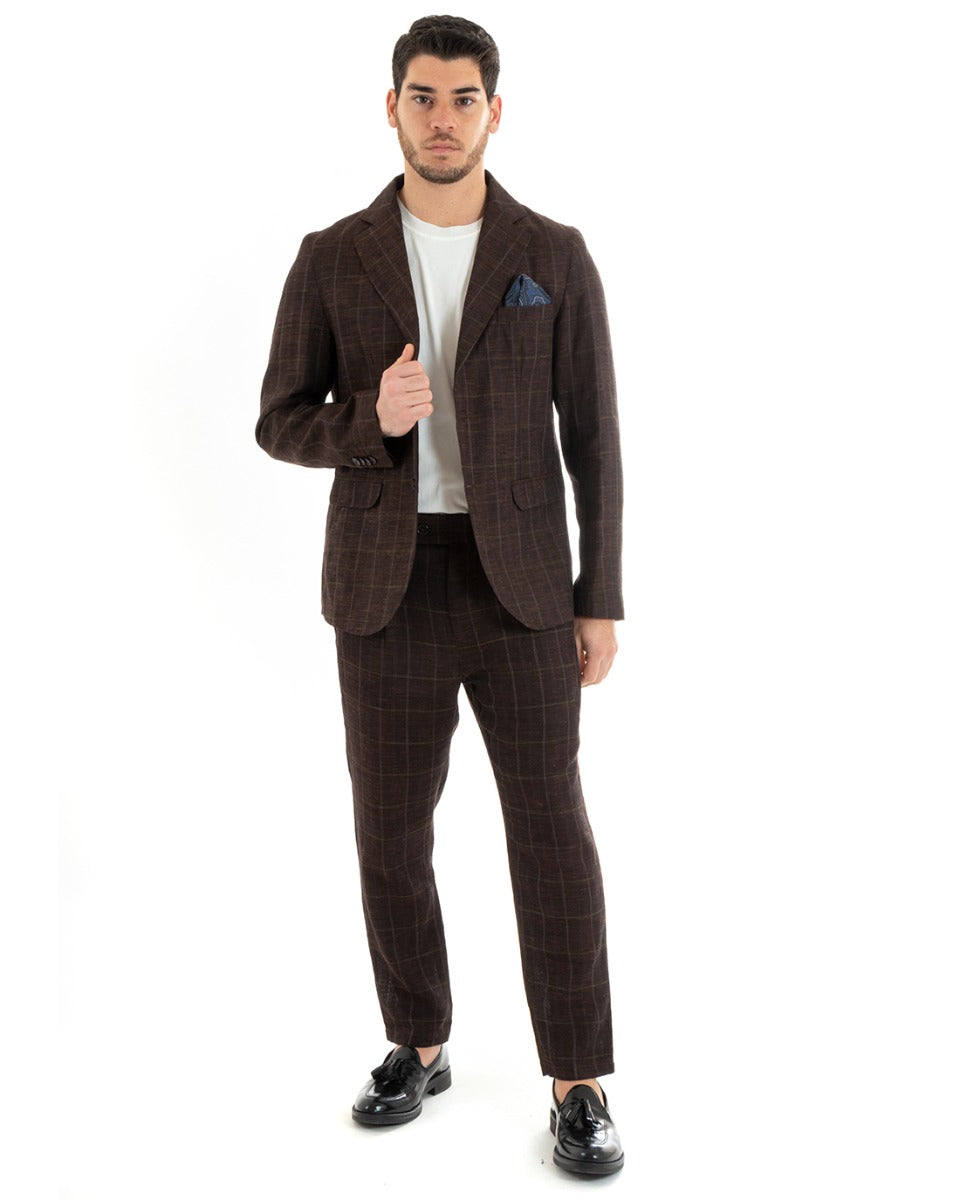 Abito Uomo Monopetto Completo Lino Marrone A Quadri Sartoriale Giacca Pantaloni Elegante Casual GIOSAL-OU2291A