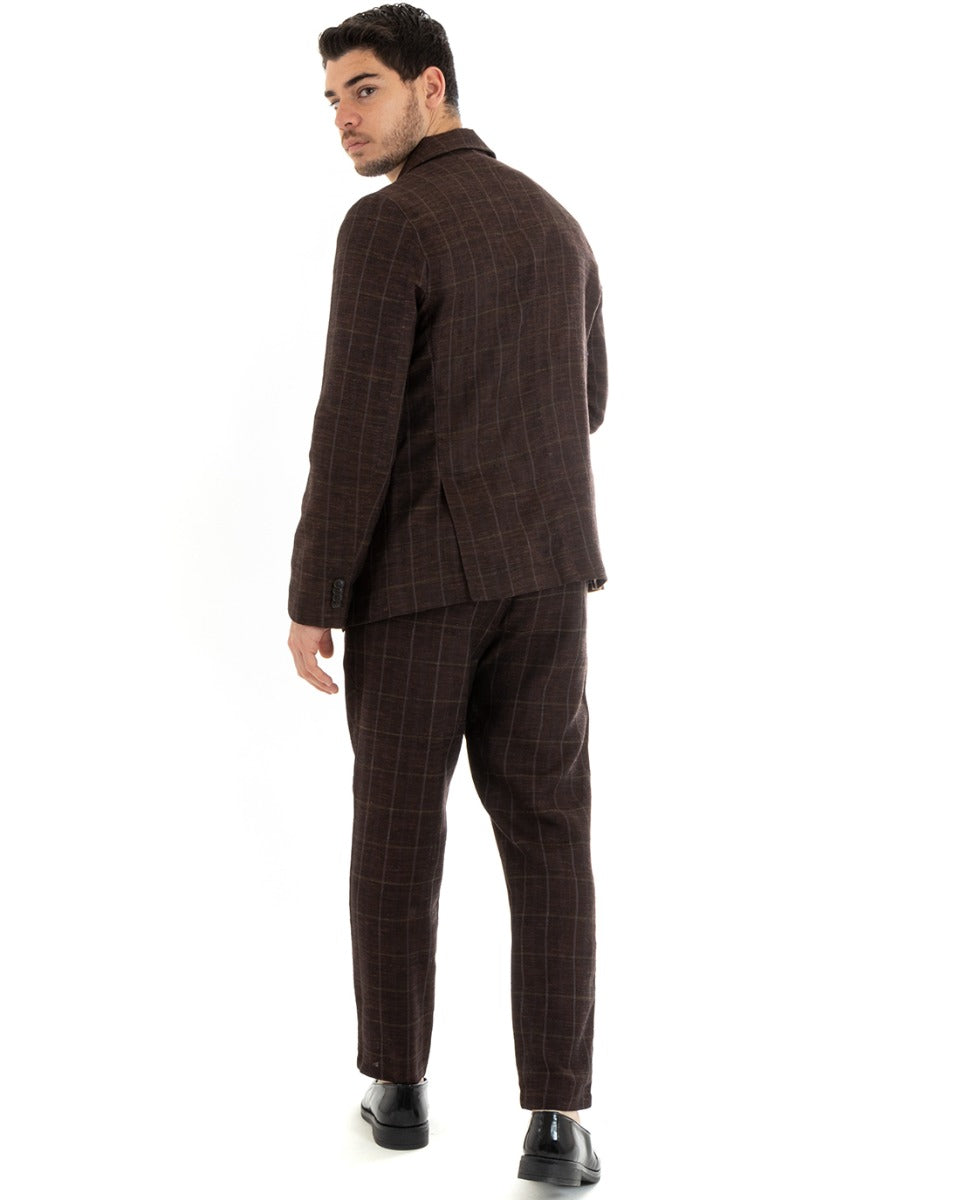 Abito Uomo Monopetto Completo Lino Marrone A Quadri Sartoriale Giacca Pantaloni Elegante Casual GIOSAL-OU2291A