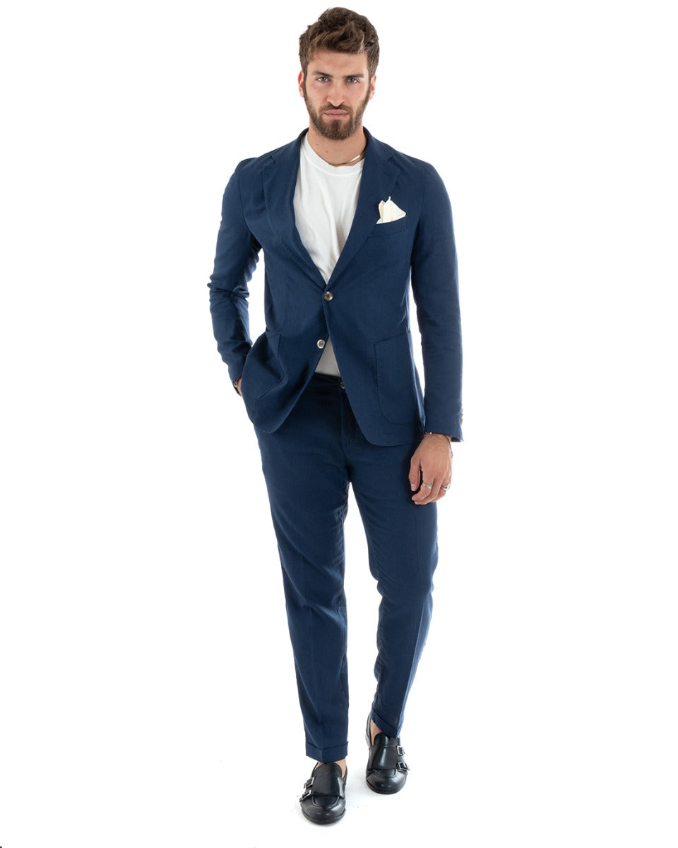 Abito Uomo Monopetto Vestito Lino Completo Giacca Pantaloni Blu Sporti