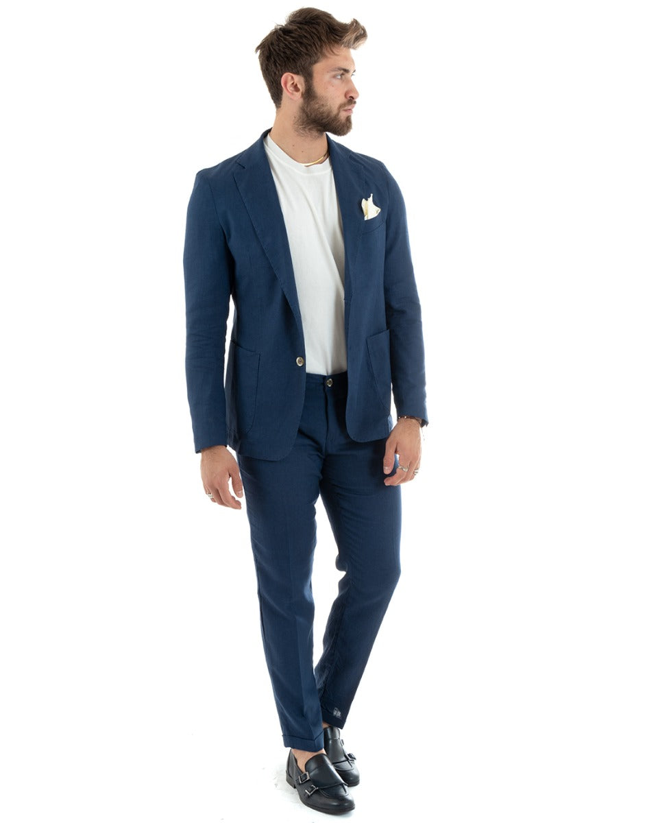 Abito Uomo Monopetto Vestito Lino Completo Giacca Pantaloni Blu Sportivo Elegante Cerimonia GIOSAL-OU2300A