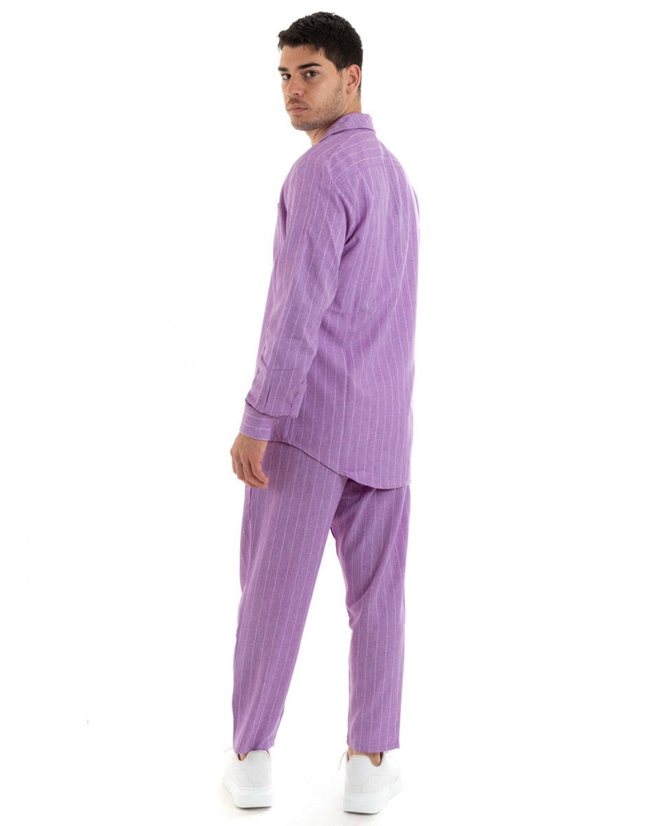 Completo Set Coordinato Uomo Viscosa Camicia Con Colletto Pantaloni Outfit Rigato Gessato Lilla GIOSAL-OU2306A