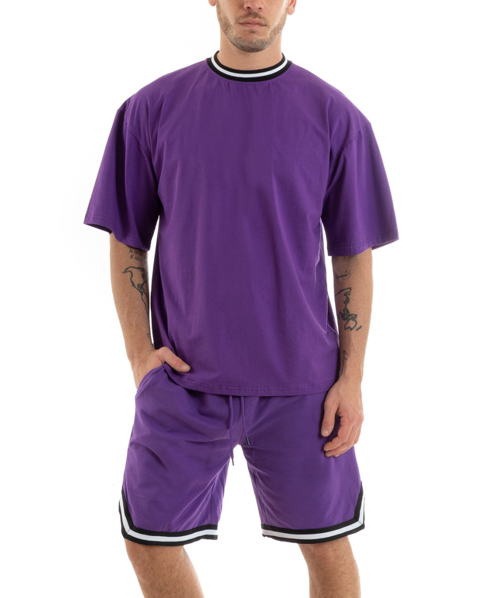 Completo Set Coordinato Uomo Cotone Viscosa T-Shirt Bermuda Outfit Viola GIOSAL-OU2309A