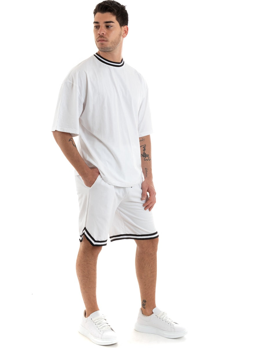 Completo Set Coordinato Uomo Cotone Viscosa T-Shirt Bermuda Outfit Bianco GIOSAL-OU2310A