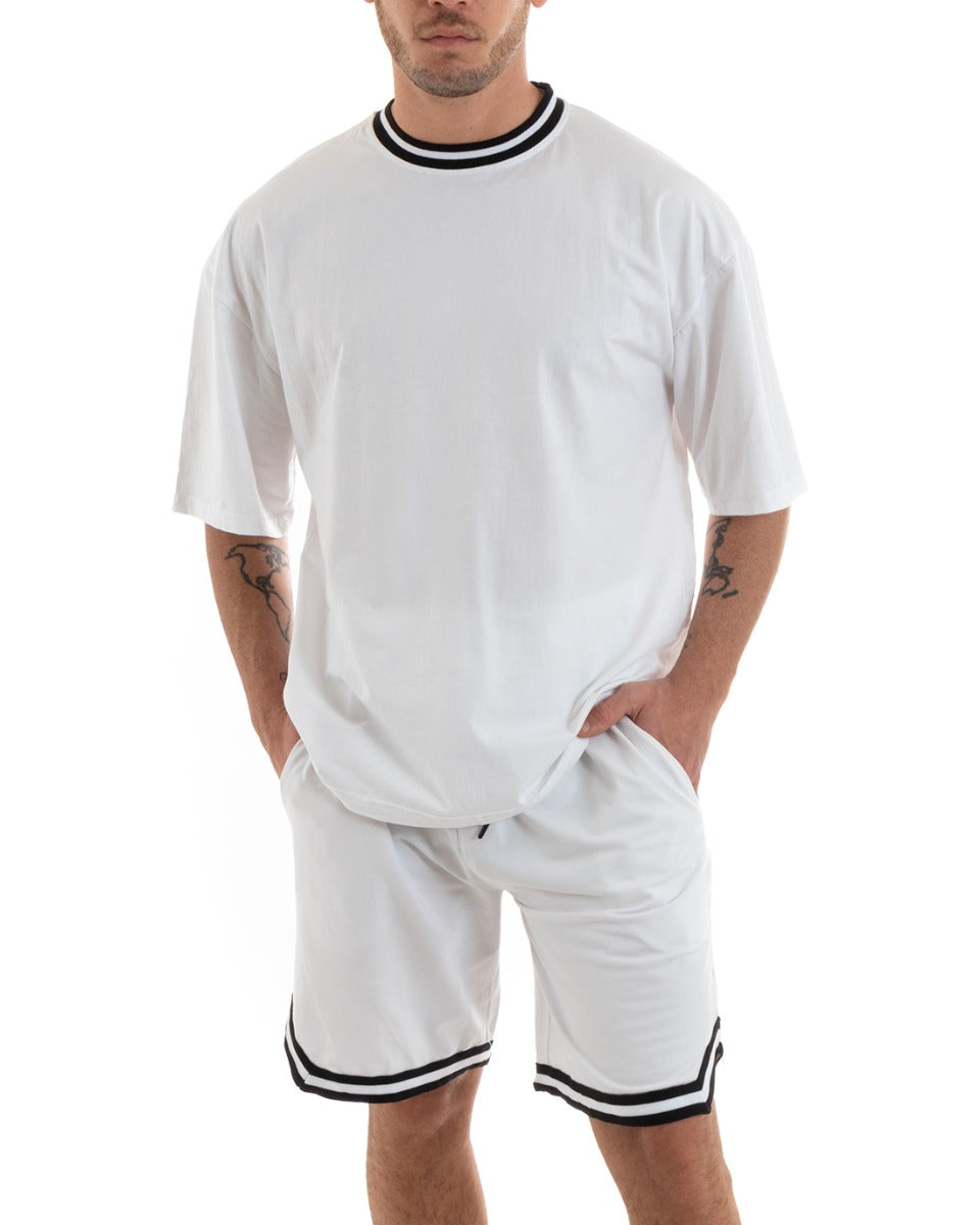 Completo Set Coordinato Uomo Cotone Viscosa T-Shirt Bermuda Outfit Bianco GIOSAL-OU2310A