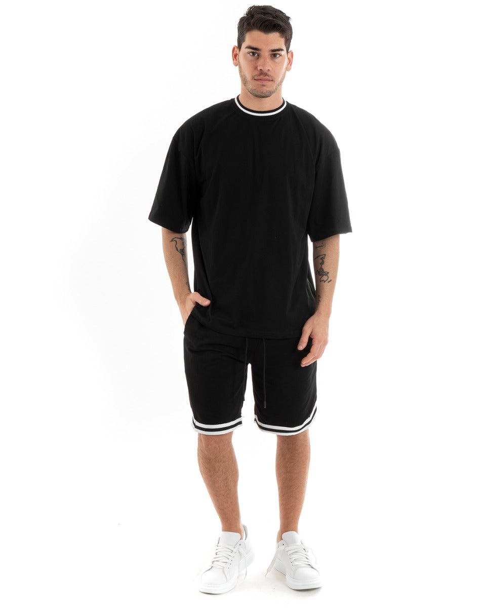 Completo Set Coordinato Uomo Cotone Viscosa T-Shirt Bermuda Outfit Nero GIOSAL-OU2312A