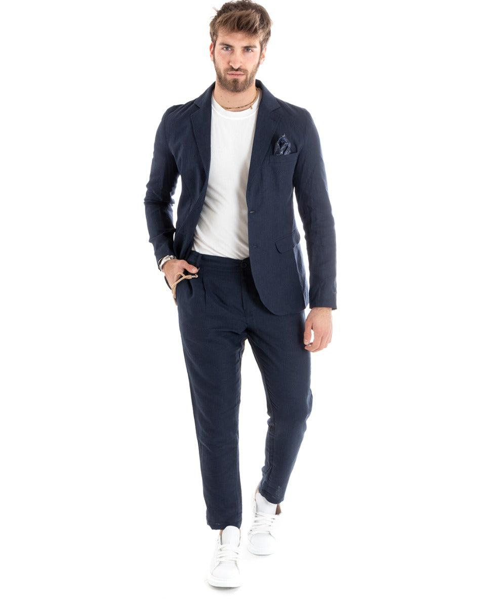 Abito Uomo Monopetto Completo Lino Sartoriale Giacca Pantaloni Tinta Unita Blu GIOSAL-OU2324A