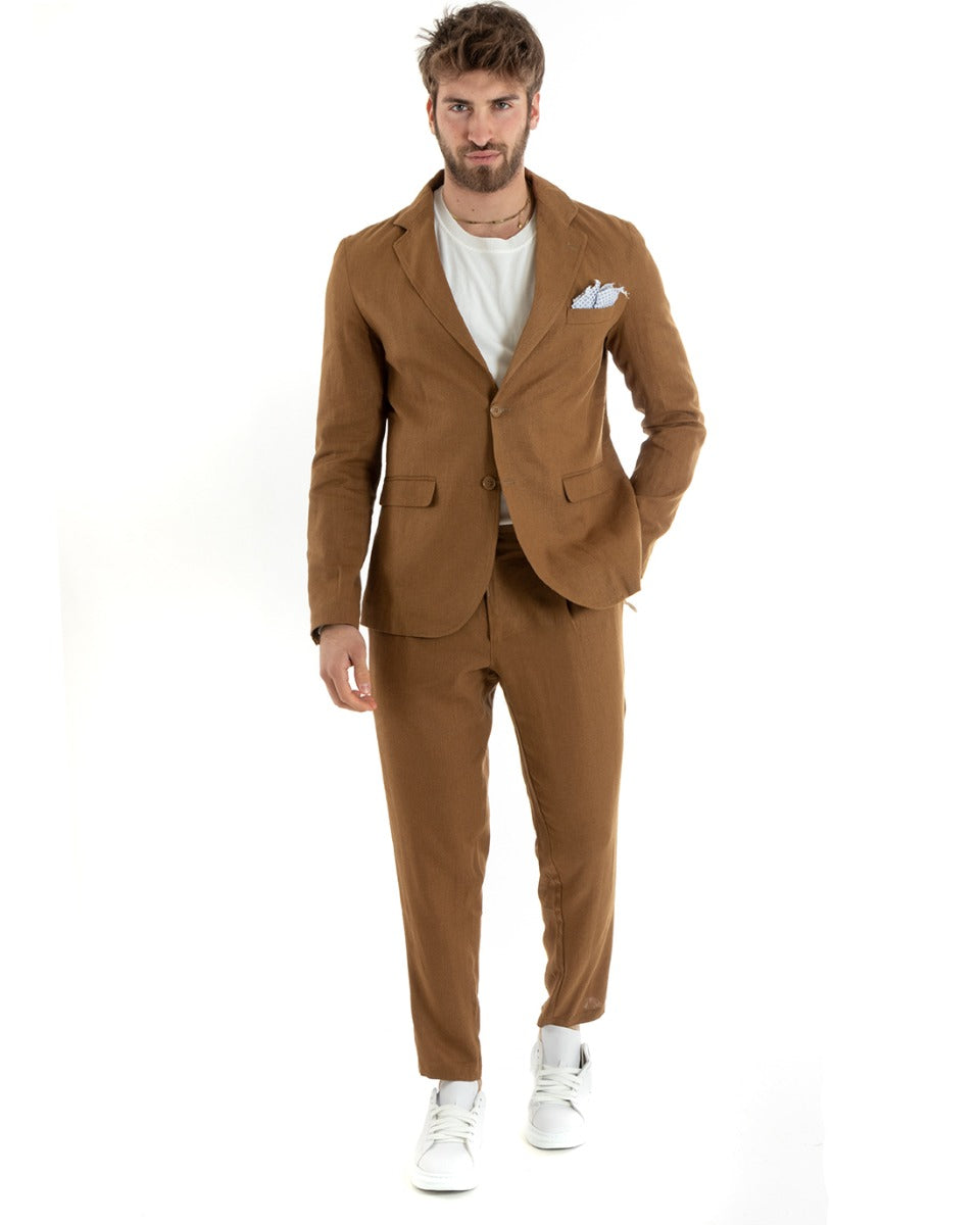 Abito Uomo Monopetto Completo Lino Sartoriale Giacca Pantaloni Tinta Unita Camel GIOSAL-OU2327A