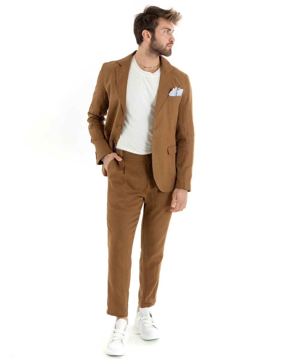 Abito Uomo Monopetto Completo Lino Sartoriale Giacca Pantaloni Tinta Unita Camel GIOSAL-OU2327A