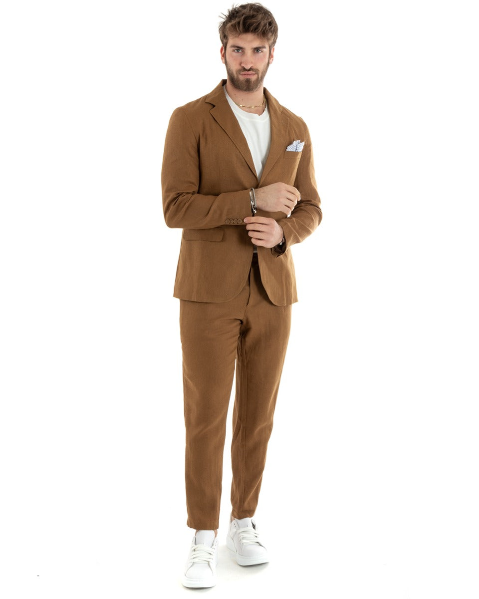 Abito Uomo Monopetto Completo Lino Sartoriale Giacca Pantaloni Camel GIOSAL-OU2327A