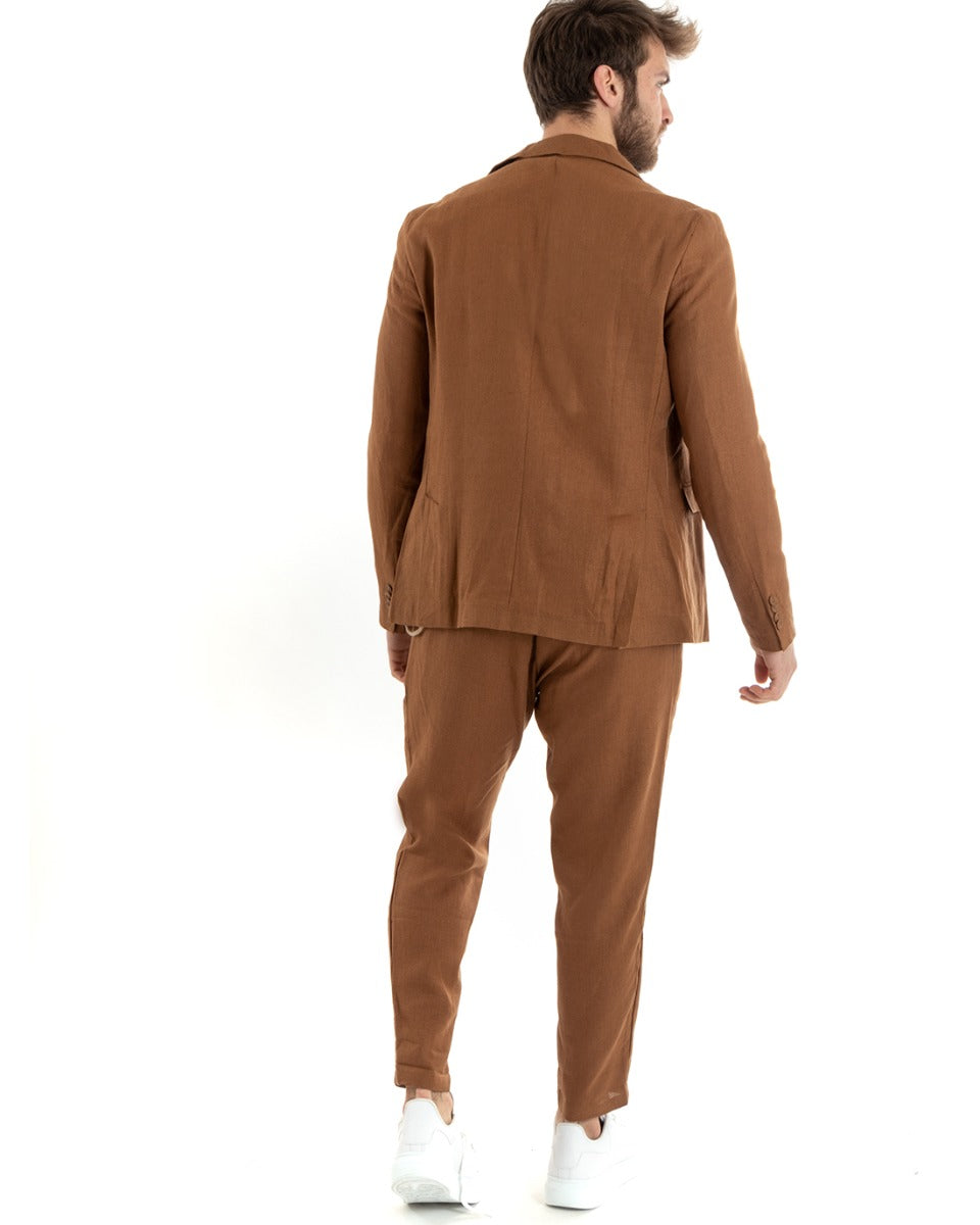 Abito Uomo Monopetto Completo Lino Sartoriale Giacca Pantaloni Camel GIOSAL-OU2327A