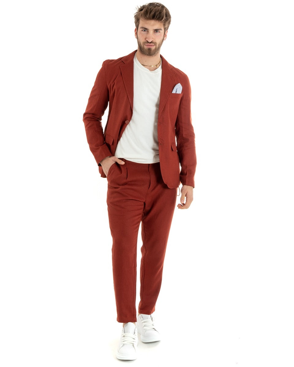 Abito Uomo Monopetto Completo Lino Sartoriale Giacca Pantaloni Tinta Unita Mattone GIOSAL-OU2328A