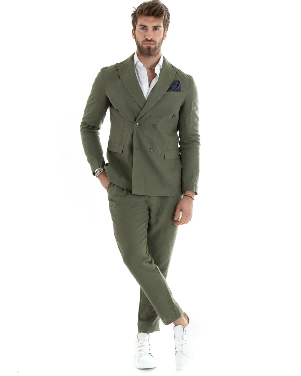 Abito Uomo Doppiopetto Completo Lino Sartoriale Giacca Pantaloni Tinta Unita Verde GIOSAL-OU2330A