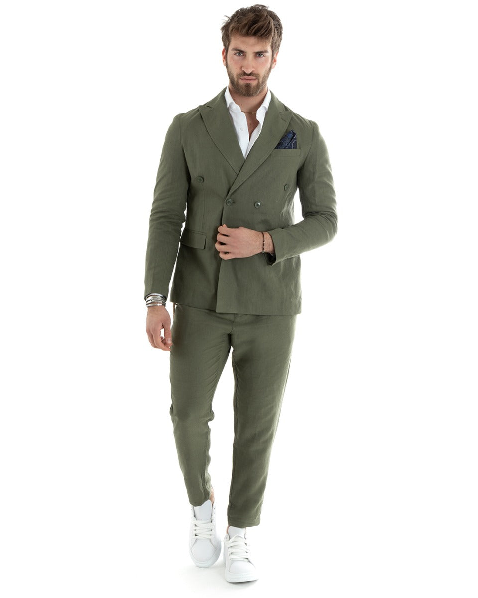 Abito Uomo Doppiopetto Completo Lino Sartoriale Giacca Pantaloni Tinta Unita Verde GIOSAL-OU2330A