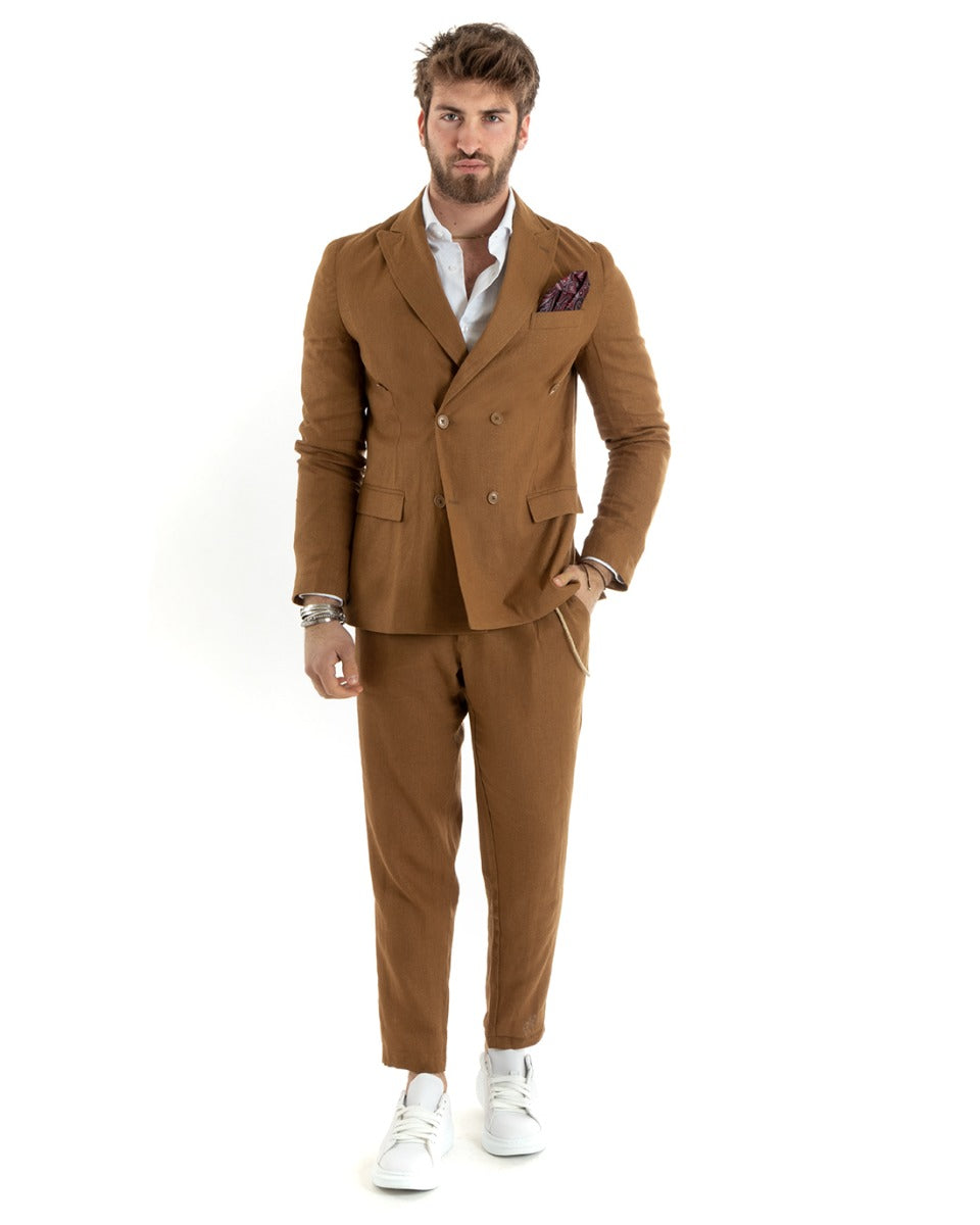 Abito Uomo Doppiopetto Completo Lino Sartoriale Giacca Pantaloni Tinta Unita Camel GIOSAL-OU2334A